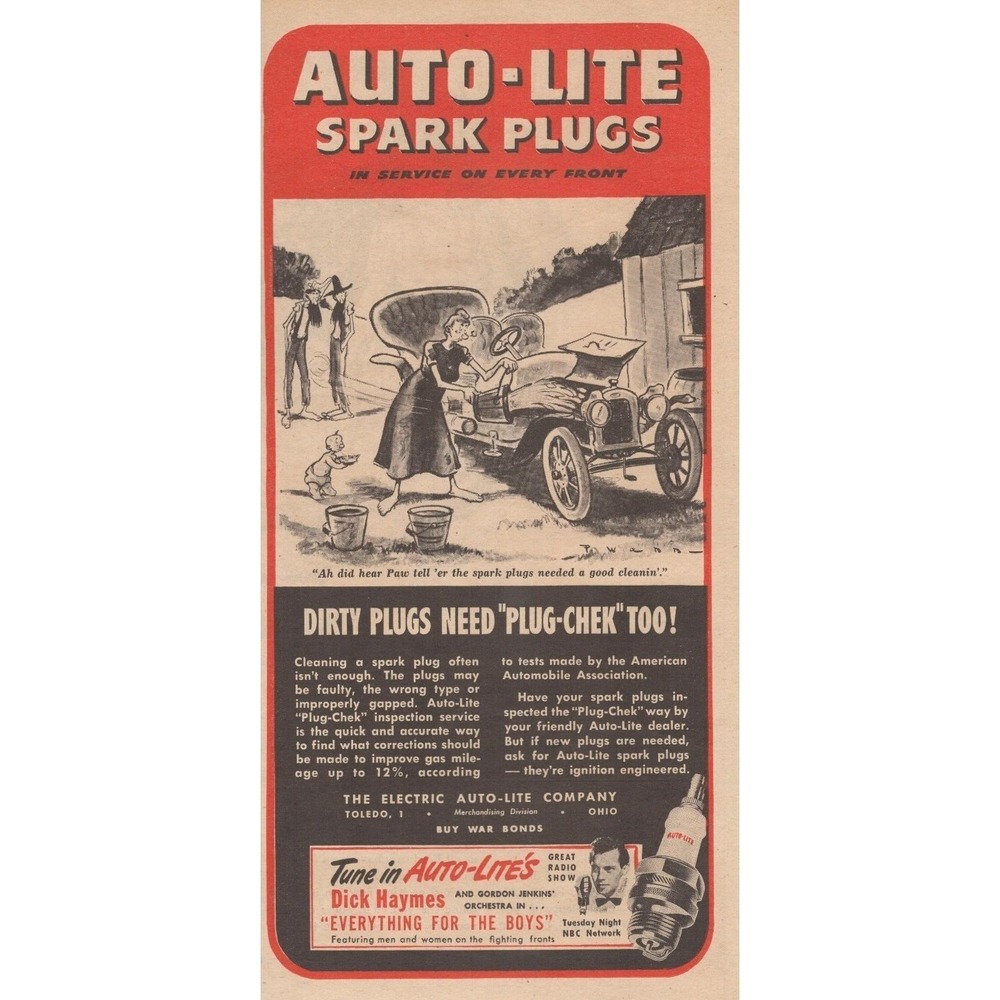 1945 Print Ad Auto-Lite Spark Plugs Plug-Chek Service Wartime Car Farm Ad